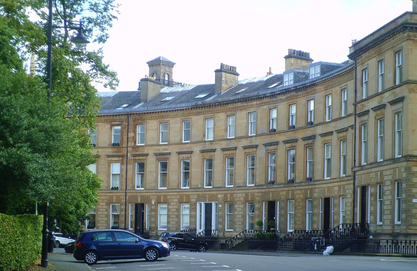 Curved terrace of sandstone townhouses at Park Circus, Glasgow